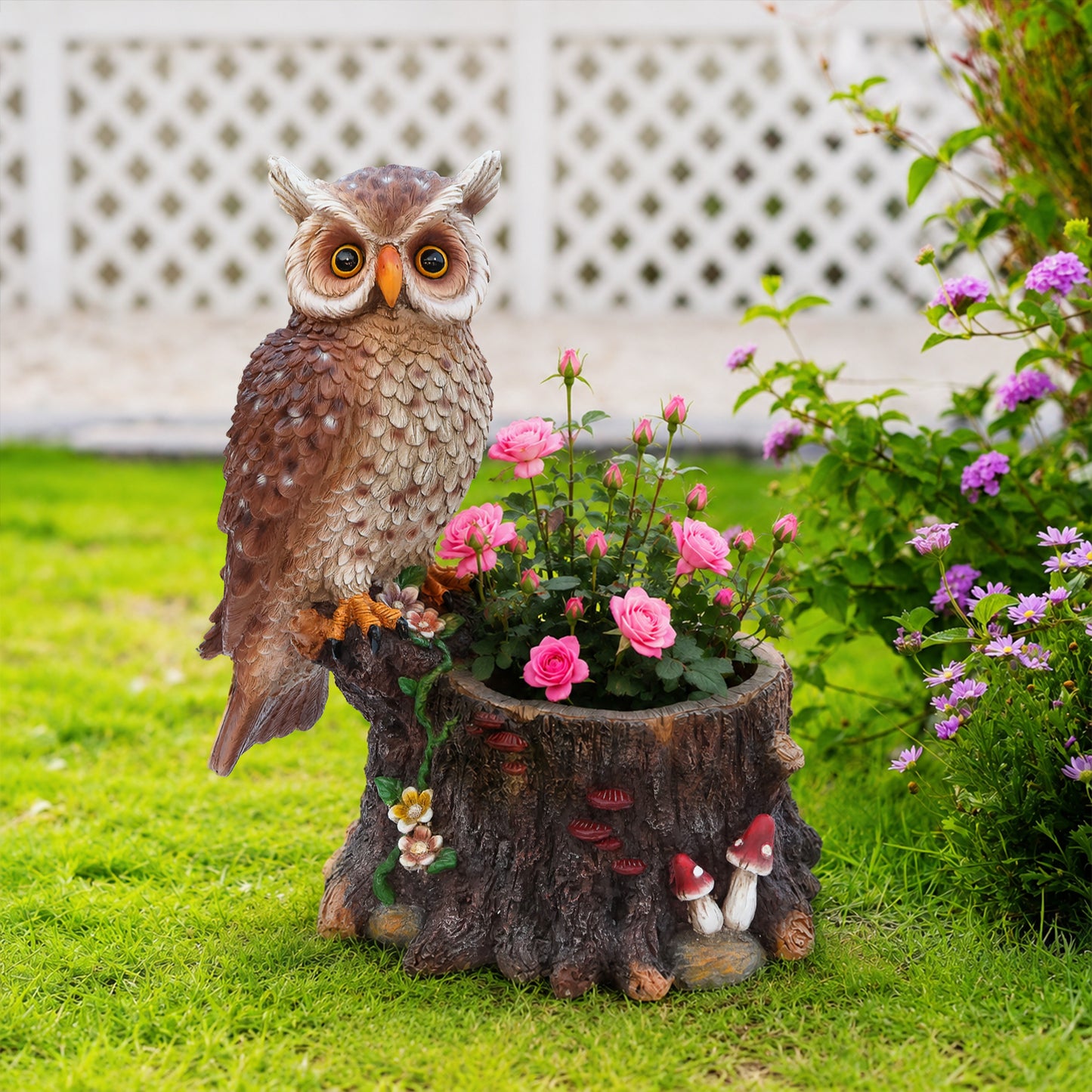 Sitting Owl with Tree Trunk Garden Planter - Rustic Polyresin Owl Figurine and Flower Pot Combo for Outdoor & Indoor Decor