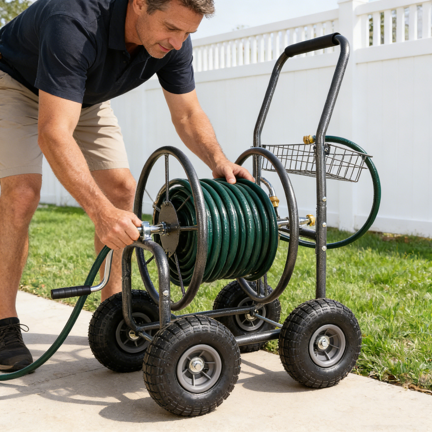 Garden Hose Reel Cart - 4 Wheels Portable Garden Hose Reel Cart with Storage Basket Rust Resistant Heavy Duty Water Hose Holder