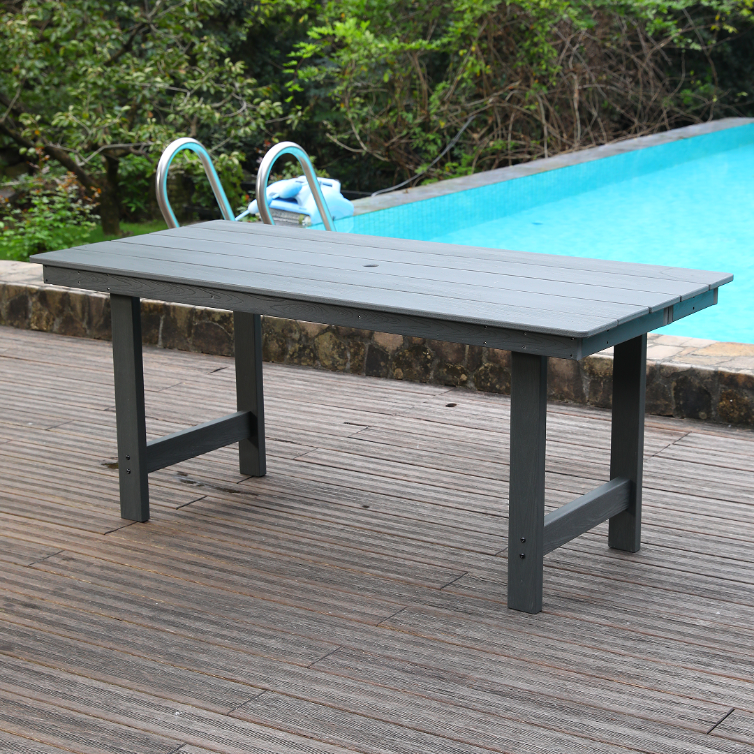 HDPE Patio Dining Family Table, coffee table, outdoor table for 4-6 People with Umbrella Hole for Backyard, Garden, Pool, Grey