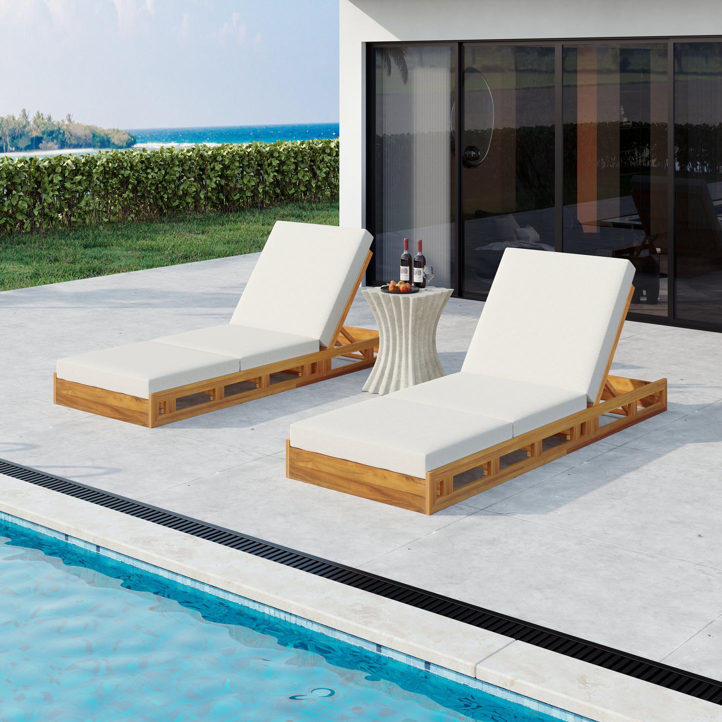 LOUNGE CHAISE SET, ACACIA SOLID WOOD WITH LOUNGE CUSHION (CREAM & TRIPLE FOLD) - MATCHING DARK GREY VERSION AVAILABLE