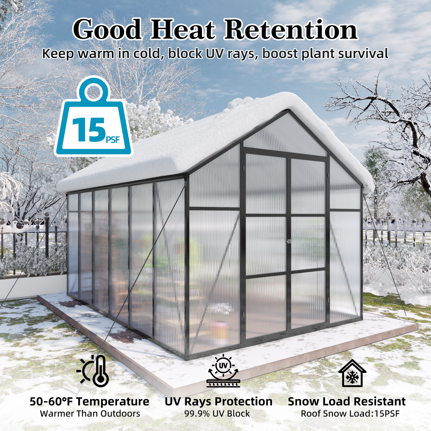 Newly Design Greenhouse 8x12 FT Polycarbonate Greenhouse Raised Base and Anchor Aluminum Heavy Duty Walk-in Greenhouses for Outdoor Backyard in All Season