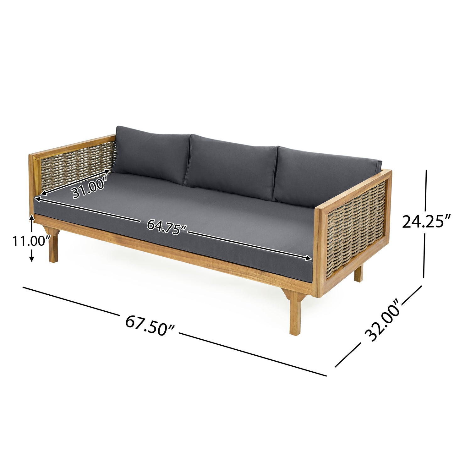 CLAREMONT 3 SEATER DAYBED WITH RATTAN ARMS (DARK GREY CUSHION)