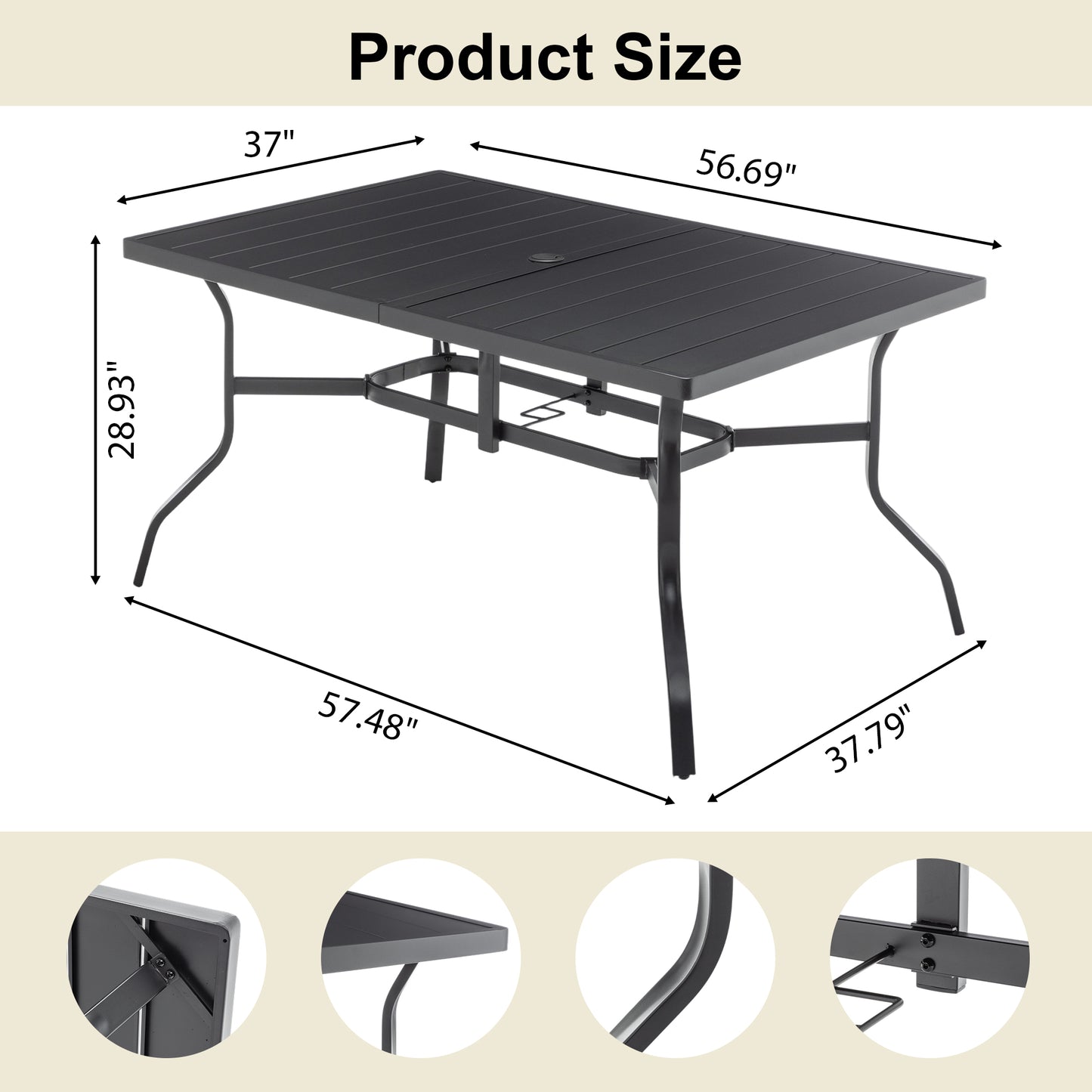 Outdoor Dining Table for 6, Powder-Coated Steel Slat Top with 2.16" Umbrella Hole, Anti-Slip Pads, E-Coating Frame, All-Weather Black Patio Table for Garden, Poolside, Backyard