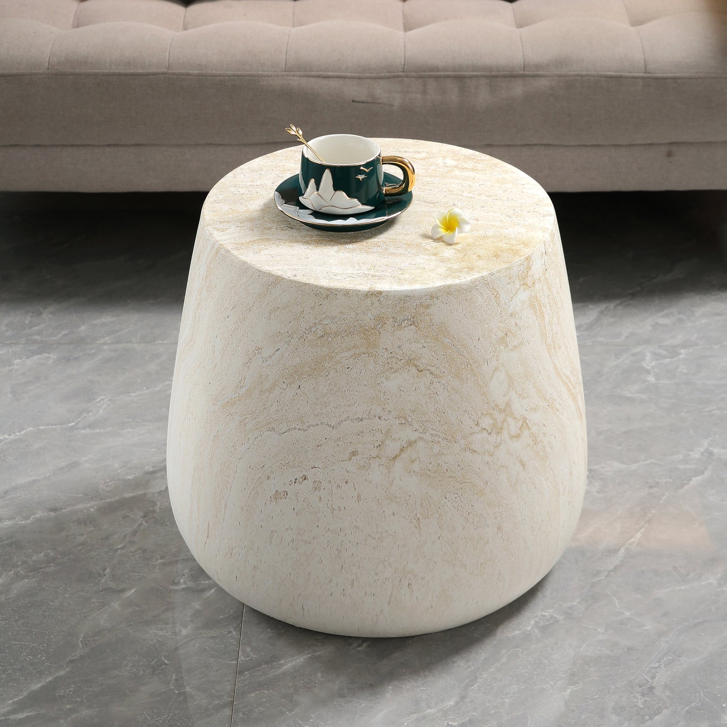 Light Travertine Finish Magnesium Oxide Tapered Side Table   14.57" Top Diameter Round End Table