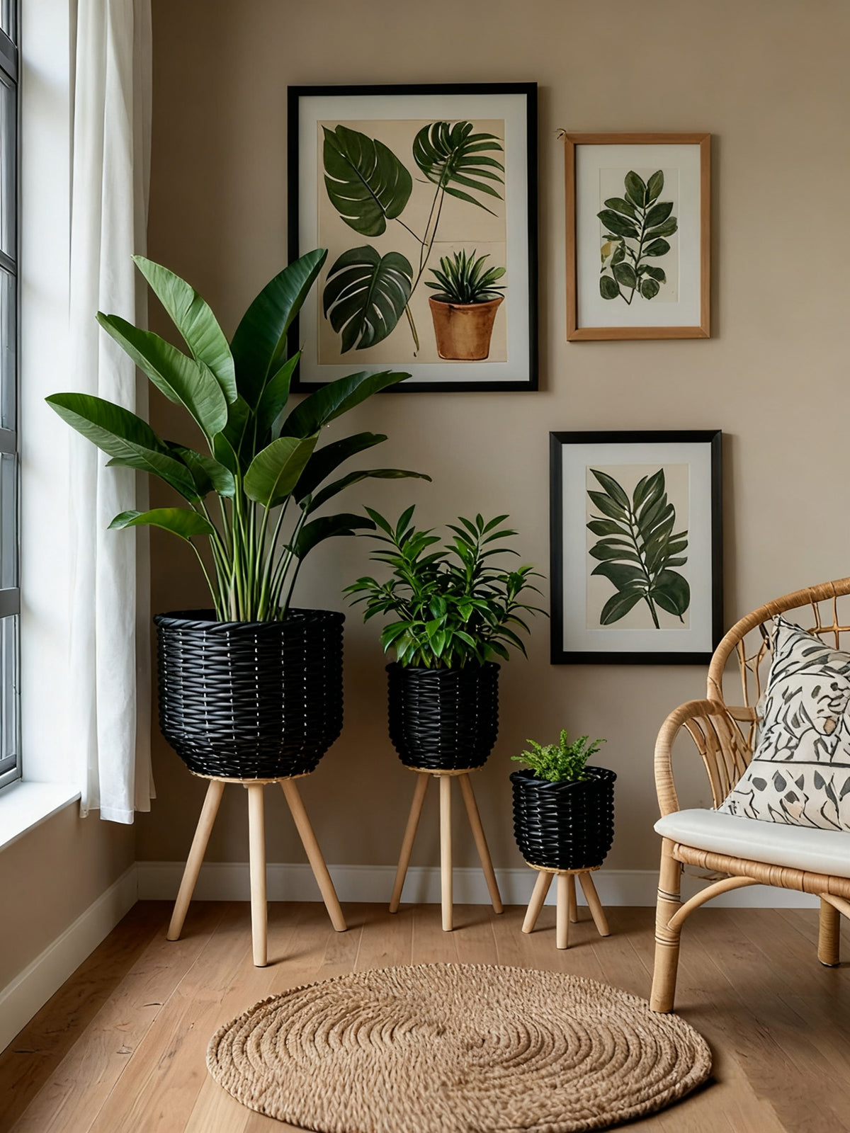 Set of 3 Black Poly Rattan Baskets with Rope Texture and Tapered Wooden Legs, L:12x12x23.5" M:10x10x17.5" S:8x8x13.5"