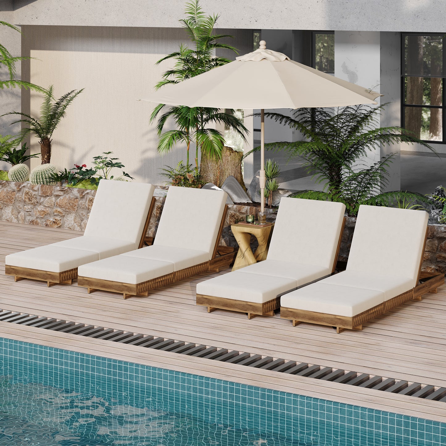Lounge chaise Set, Acacia solid wood with  LOUNGE CUSHION (Cream+TRIPLE FOLDS) - Matching Dark Grey Version Available