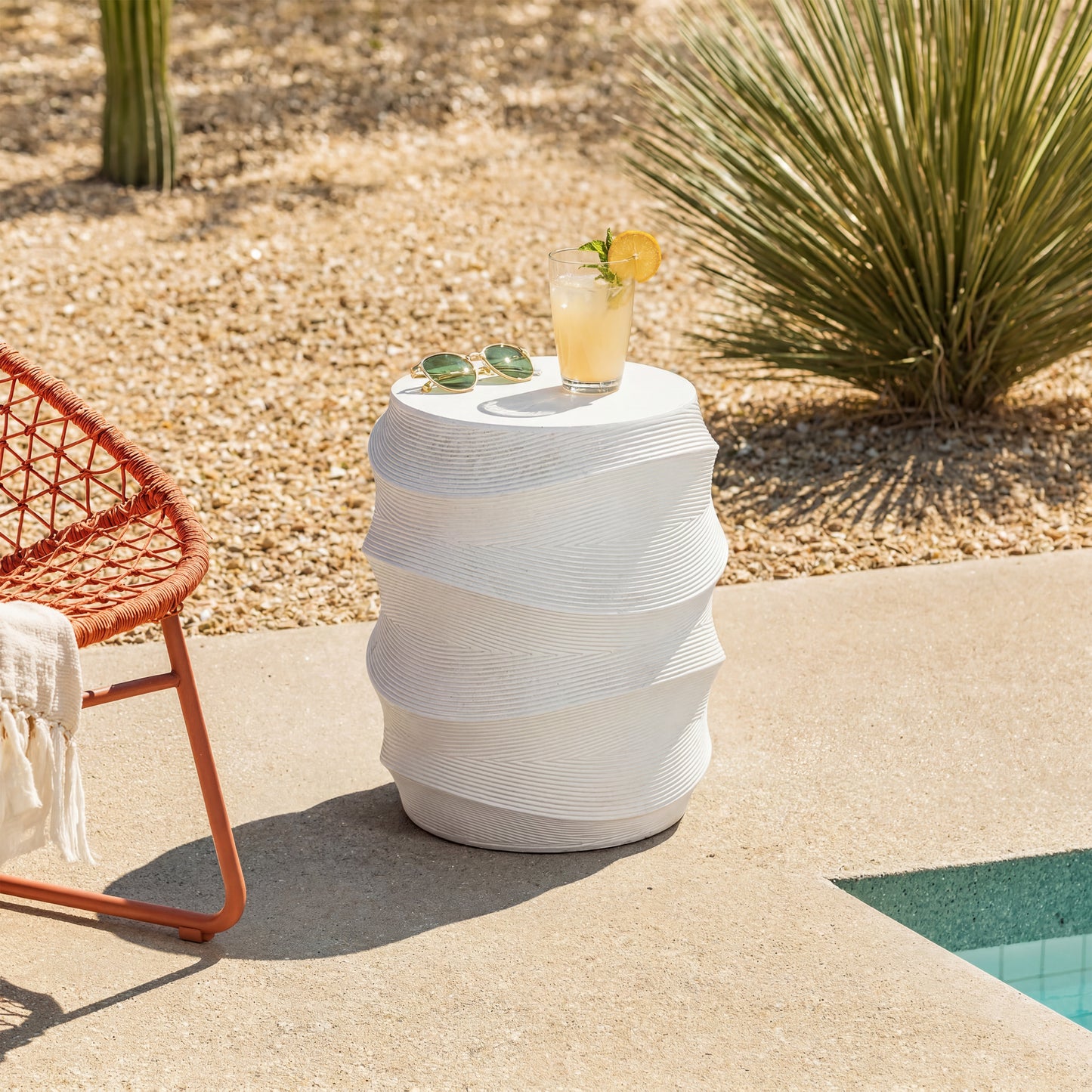 Antique-Style Magnesium Oxide Outdoor Side Table, White Finish