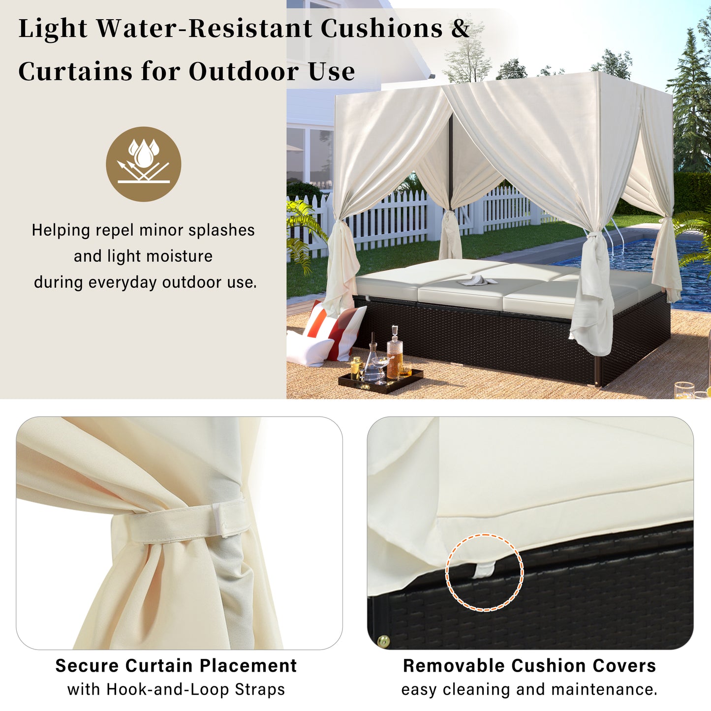 U_STYLE Outdoor Double Chaise Lounge Daybed with Curtains,Patio Outdoor Sunbed with Adjustable Backrest, Sturdy Steel Frame Loveseat Sofa for Backyard,Poolside, Terrace