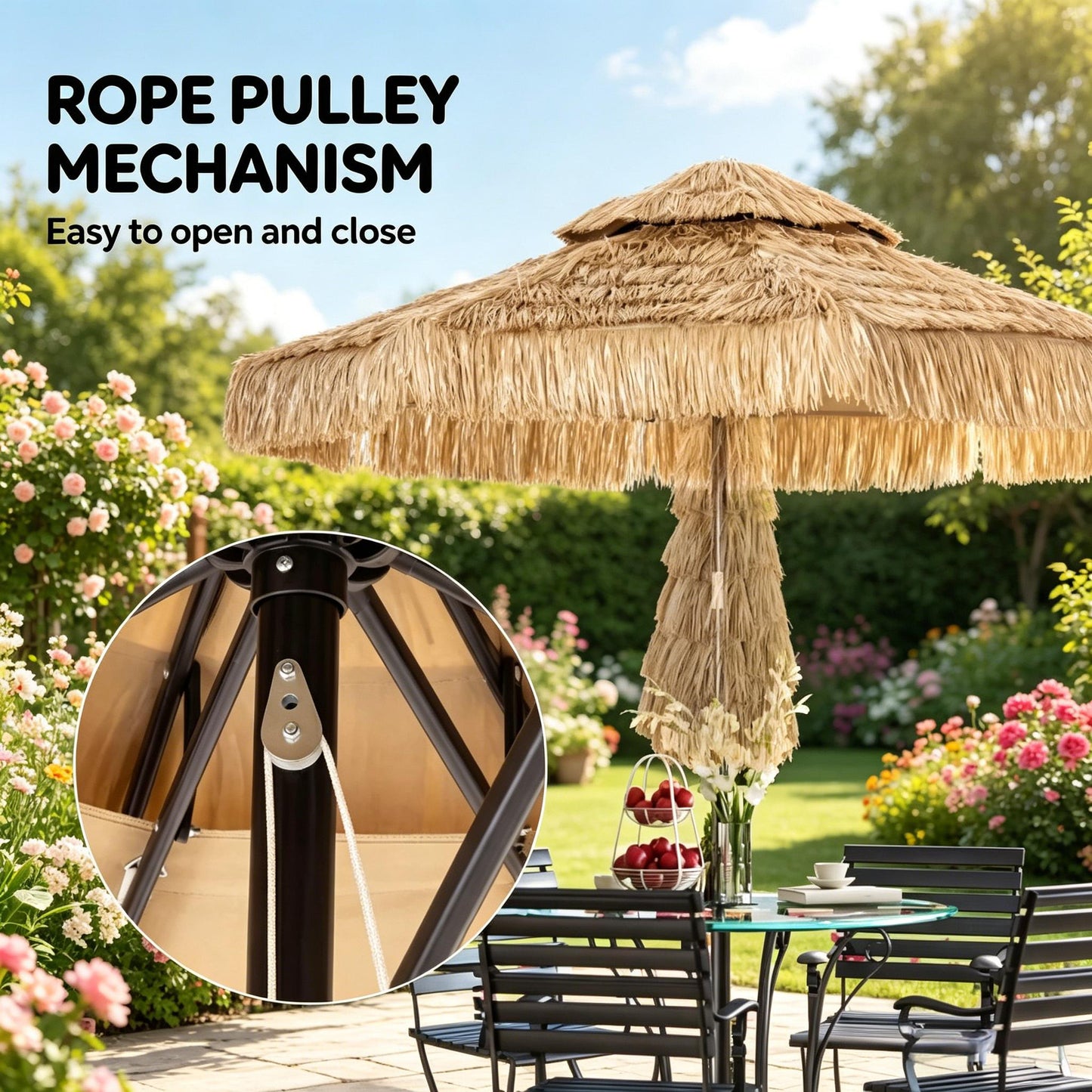 Straw Tassel Design Garden Umbrella,Hawaiian Style Outdoor Umbrella,Patio Umbrella(Only Umbrella)