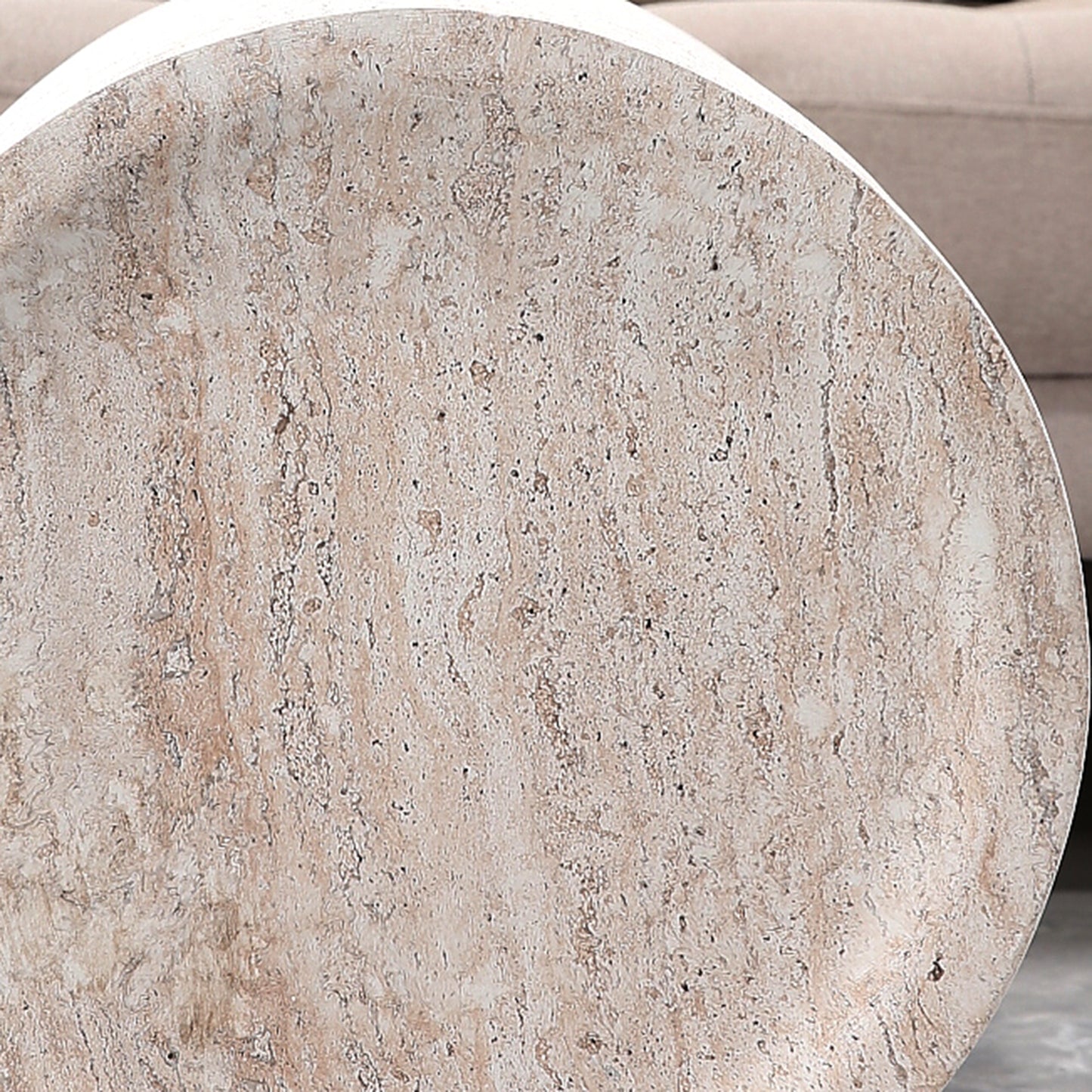 Light Travertine Finish Magnesium Oxide Drum Side Table   15.75" Diameter Round End Table