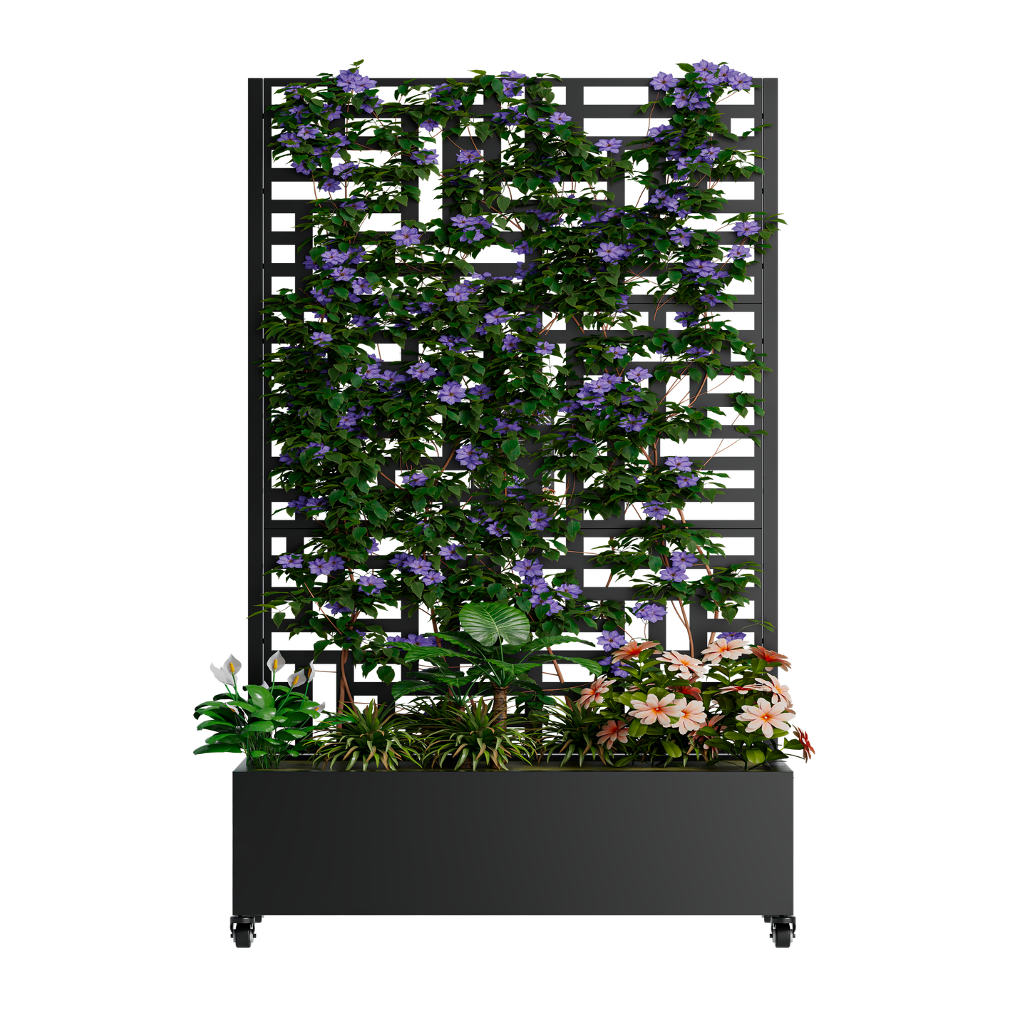 Metal Planter Box with Trellis,  73"x47"x16" Metal Raised Garden Bed with Trellis, Metal Planter Box with Drainage Holes & Lockable Wheels & Privacy Screen for Climbing Plants, Vegetables, Vines