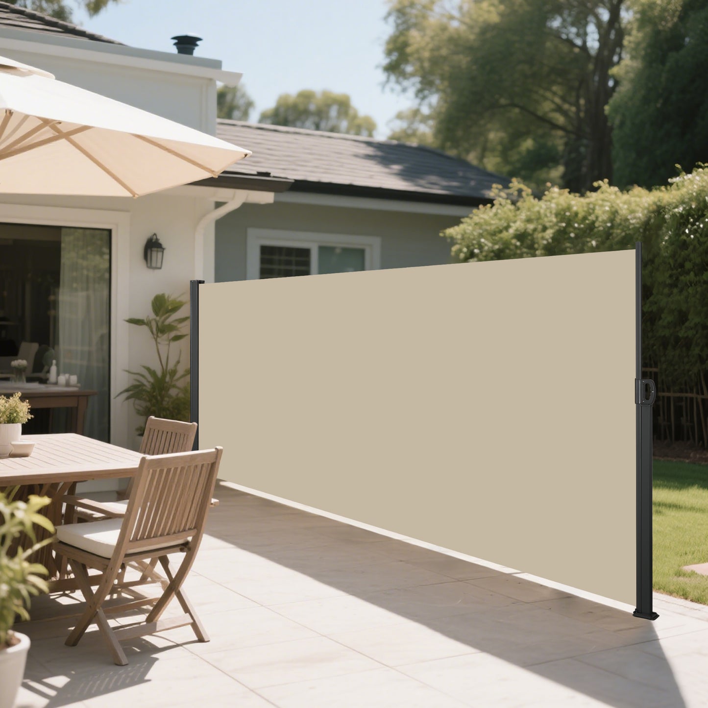 Retractable Side Screen Awning, UV Resistant, Waterproof, Patio Privacy Screen for Garden, Balcony, Courtyard(Dark Grey), 118" x 71"-Beige