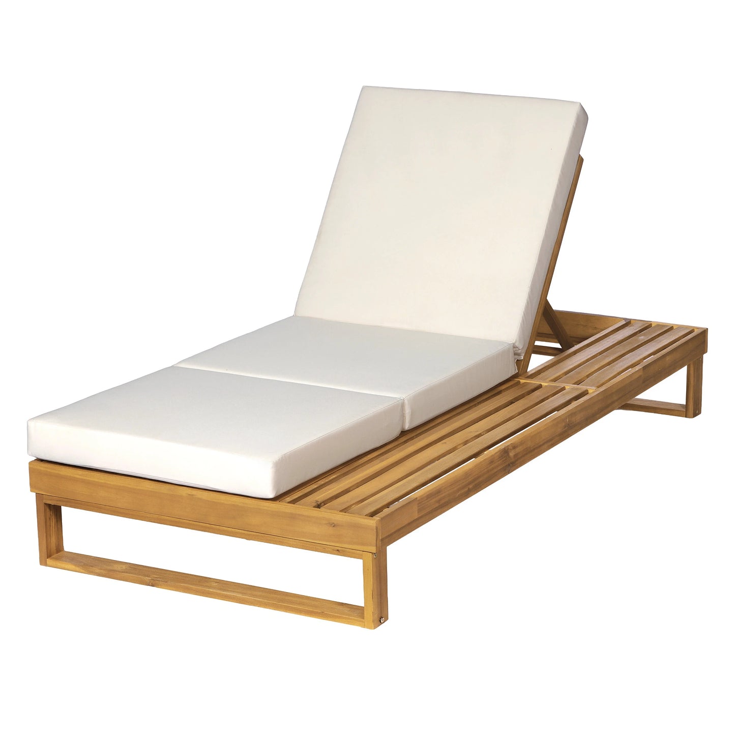 Teak Finish Acacia Wood Chaise Lounge with 4-Inch Cream 3-Fold Water-Resistant Cushion Set, 4-Position Adjustable Outdoor Patio Lounger with Flat Side Surface, for Poolside-Matching dark grey version