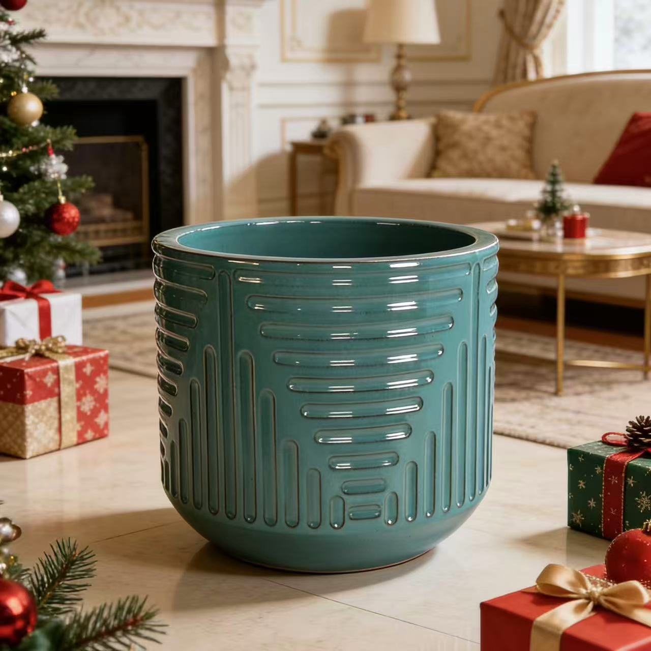 Handmade Ceramic Planter, 16 Inch Diameter, Teal Green with Textured Groove Pattern, for Monstera and Fiddle Leaf Fig, Indoor/Outdoor Doorway Use, Breathable Clay
