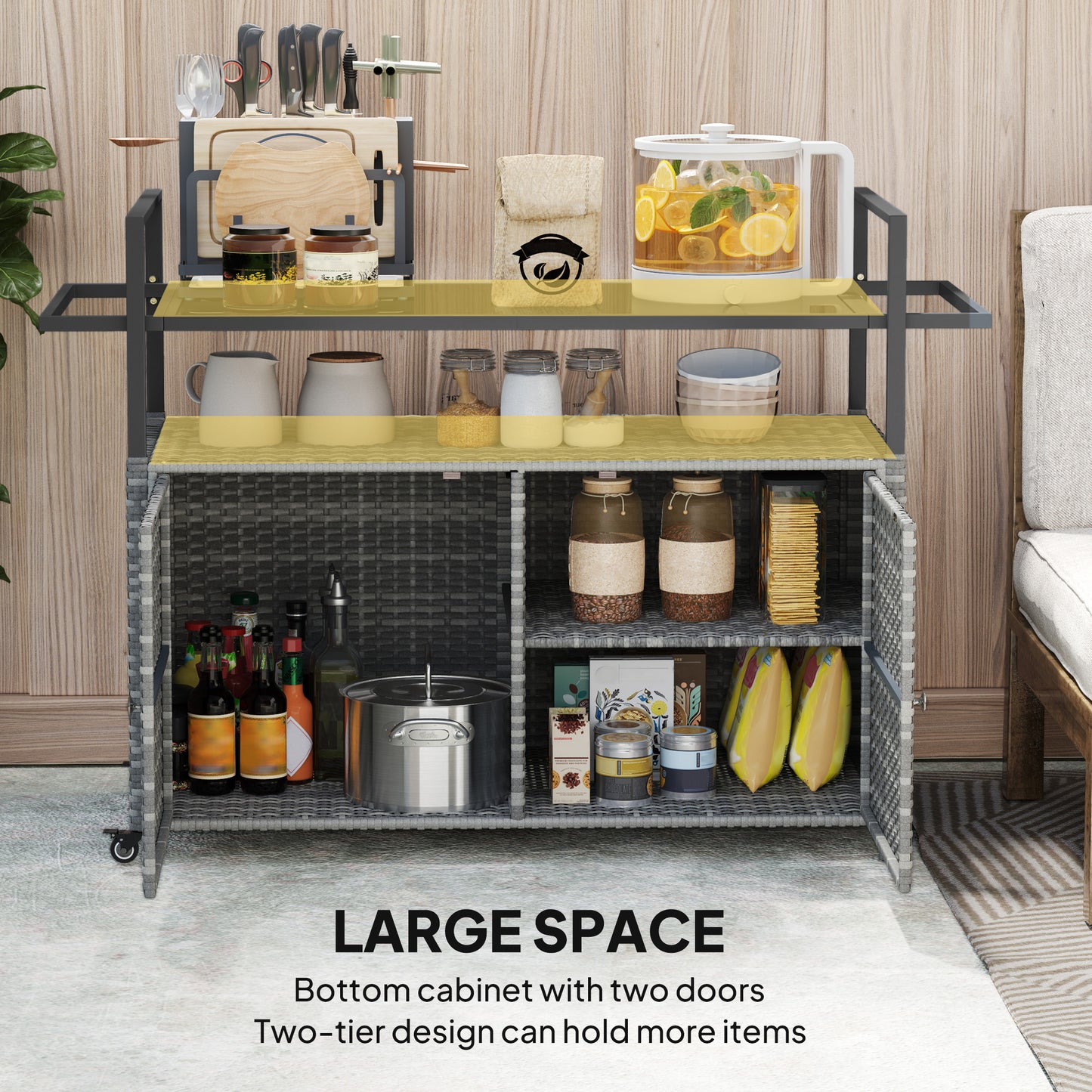 Outsunny Wicker Outdoor Bar Table with 2-Tier Shelf & Cabinet, Mixed Gray