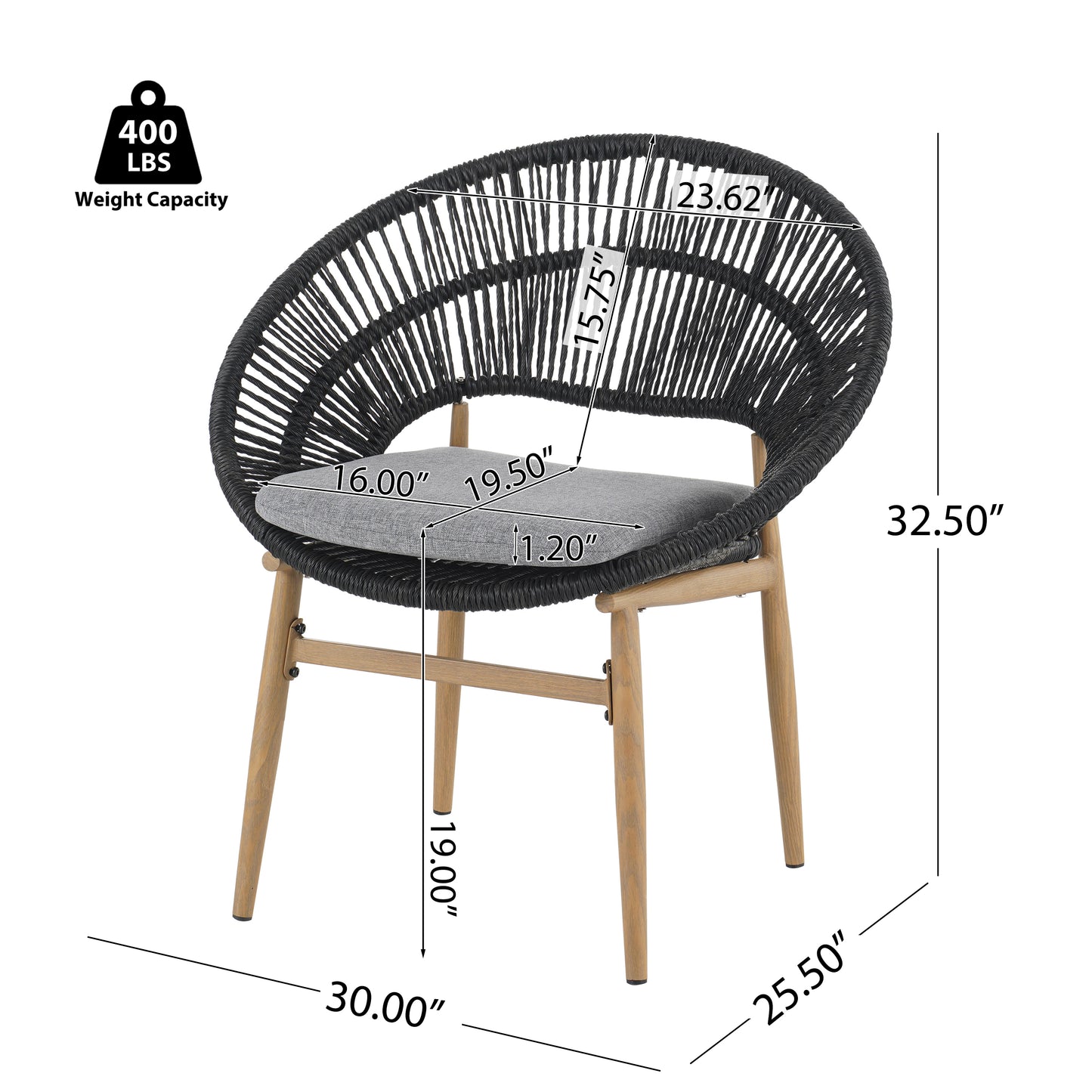 Cyril Outdoor Wicker Papasan Style Dining Chair, Teak Finished Leg and Dark Gray Faux Rattan, Gray Cushion, Set of 2