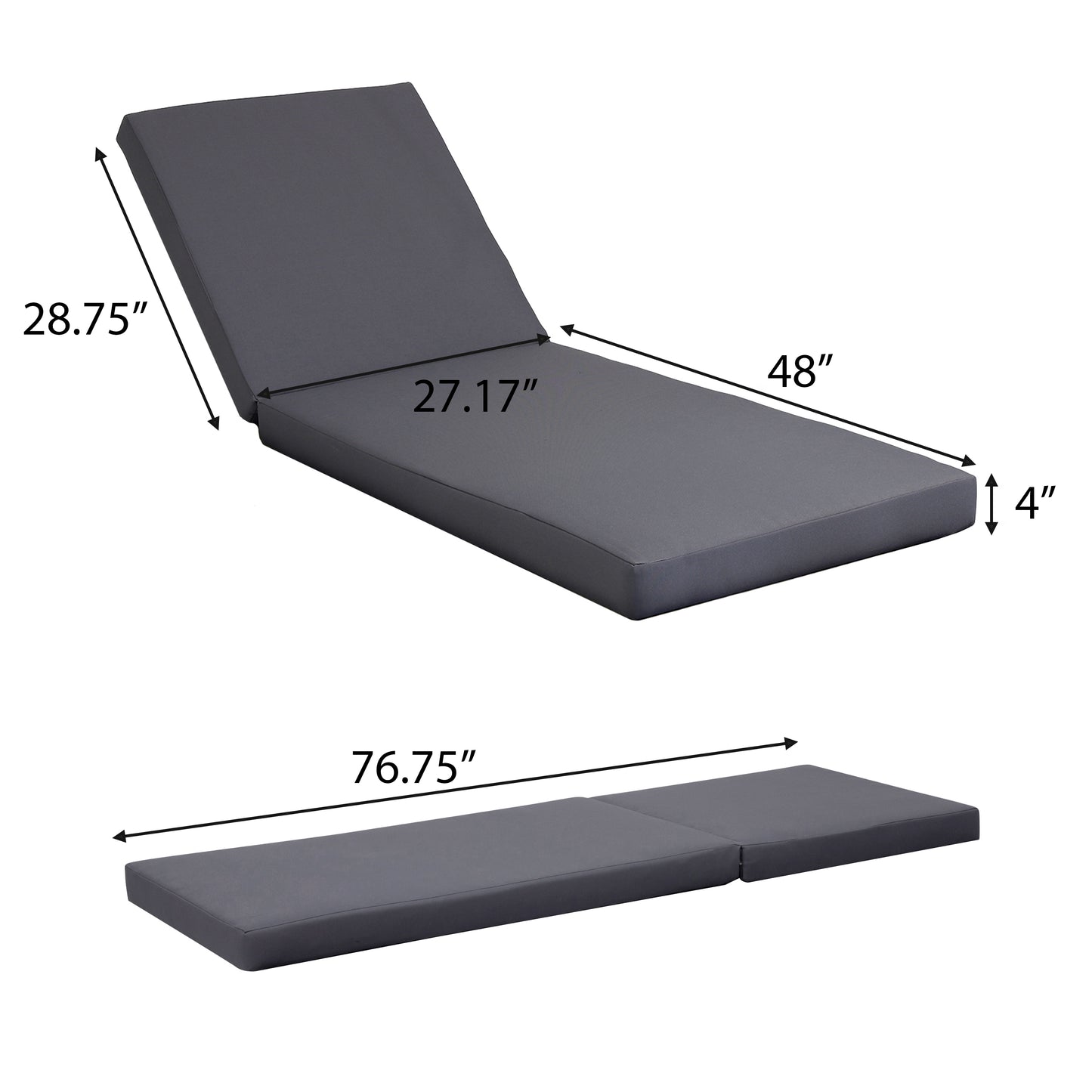 Teak Finish Acacia Wood Chaise Lounge with 4-Inch Dark Grey 2-Fold Cushion Set, 4-Position Adjustable Outdoor Patio Lounger with Flat Side Surface, for Poolside - Matching cream version available
