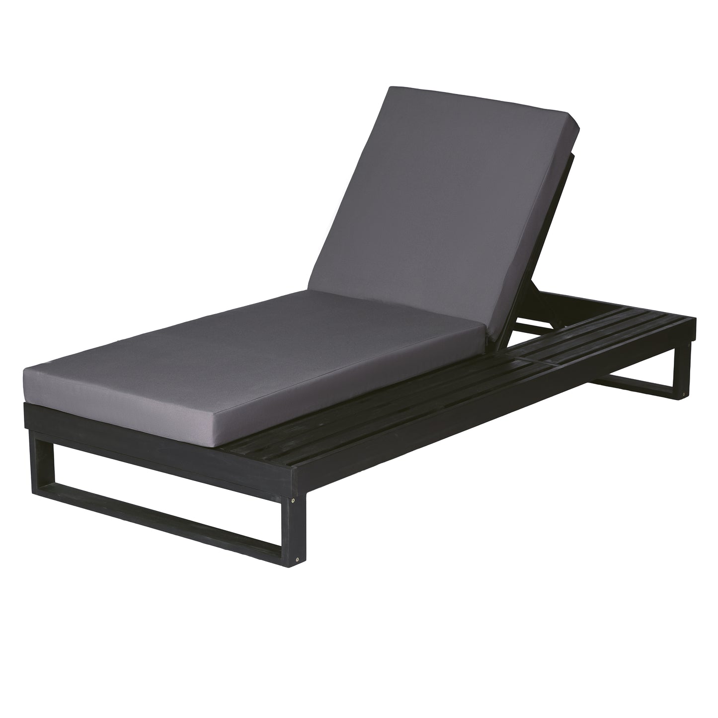 Black Acacia Wood Chaise Lounge with 4-Inch Dark Grey 2-Fold  Cushion Set, 4-Position Adjustable Outdoor Patio Lounger with Flat Side Surface, for Poolside- Matching cream version available