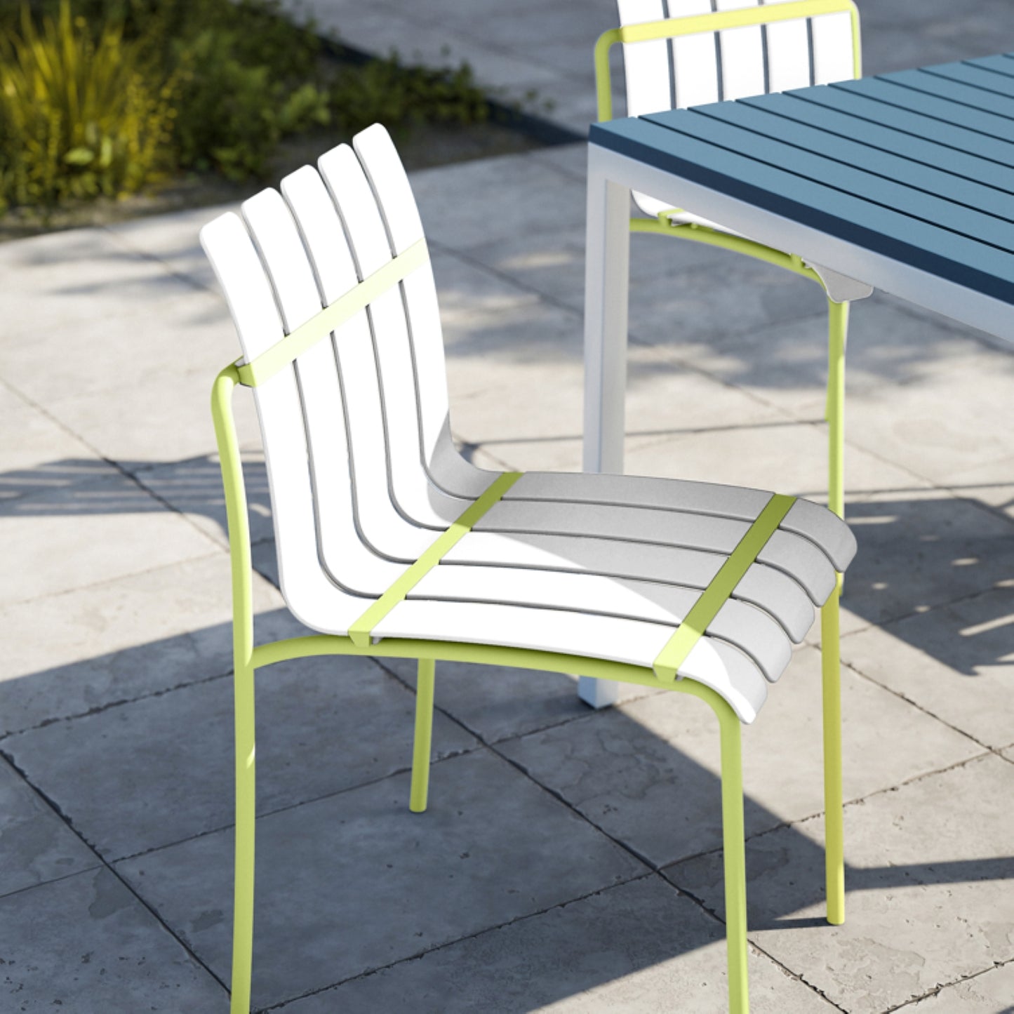 Summer - 4-Pack Modern Striped Color Block Chairs - Waterproof PP Seat & Sturdy Metal Legs, Indoor/Outdoor Dining Set for Patio, Balcony, Café (White & Yellow)