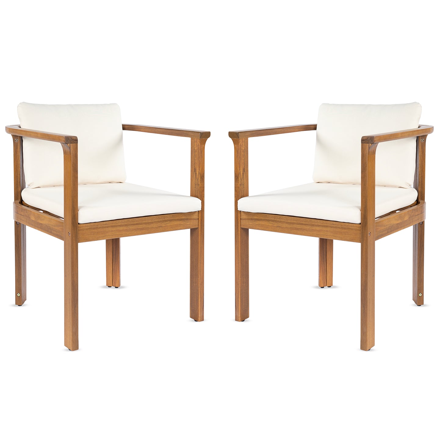 Outdoor Dining Chair Set of 2 with Curved Acacia Wood Arms, Teak Finish and Cream Cushions