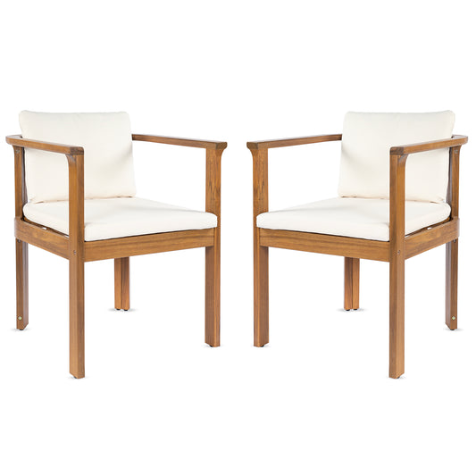 Outdoor Dining Chair Set of 2 with Curved Acacia Wood Arms, Teak Finish and Cream Cushions