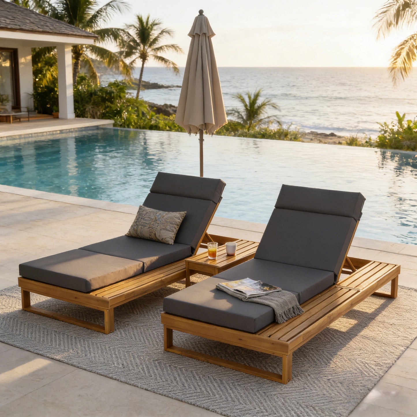 Teak Finish Acacia Wood Chaise Lounge with 4-Inch Dark Gray 4-Fold Cushion Set, Adjustable Outdoor Patio Lounger with Flat Side Surface, for Poolside- Matching cream,beige version available