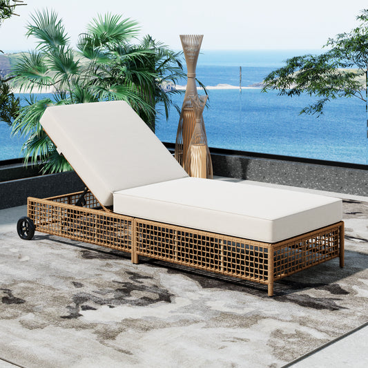TREXM Outdoor Lounge Chair, Patio Chaise Lounge with 5-Position Backrest, Rattan Outdoor Lounge Chair with Cushion and Wheels for Poolside, Backyard, Garden (Natural+Beige)
