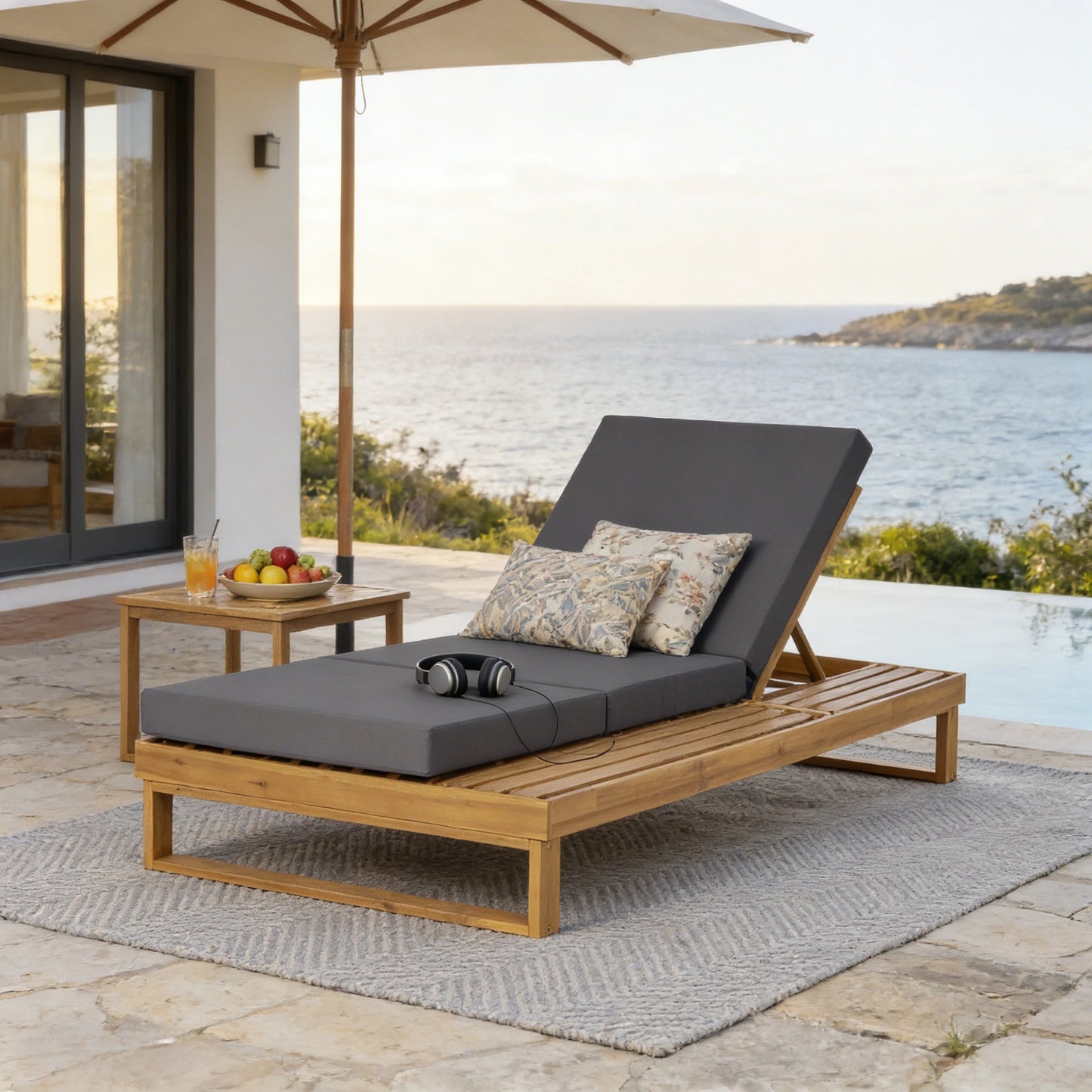 Teak Finish Acacia Wood Chaise Lounge with 4-Inch Dark Grey 3-Fold Water-Resistant Cushion Set, 4-Position Adjustable Outdoor Patio Lounger with Flat Side Surface- Matching cream version available