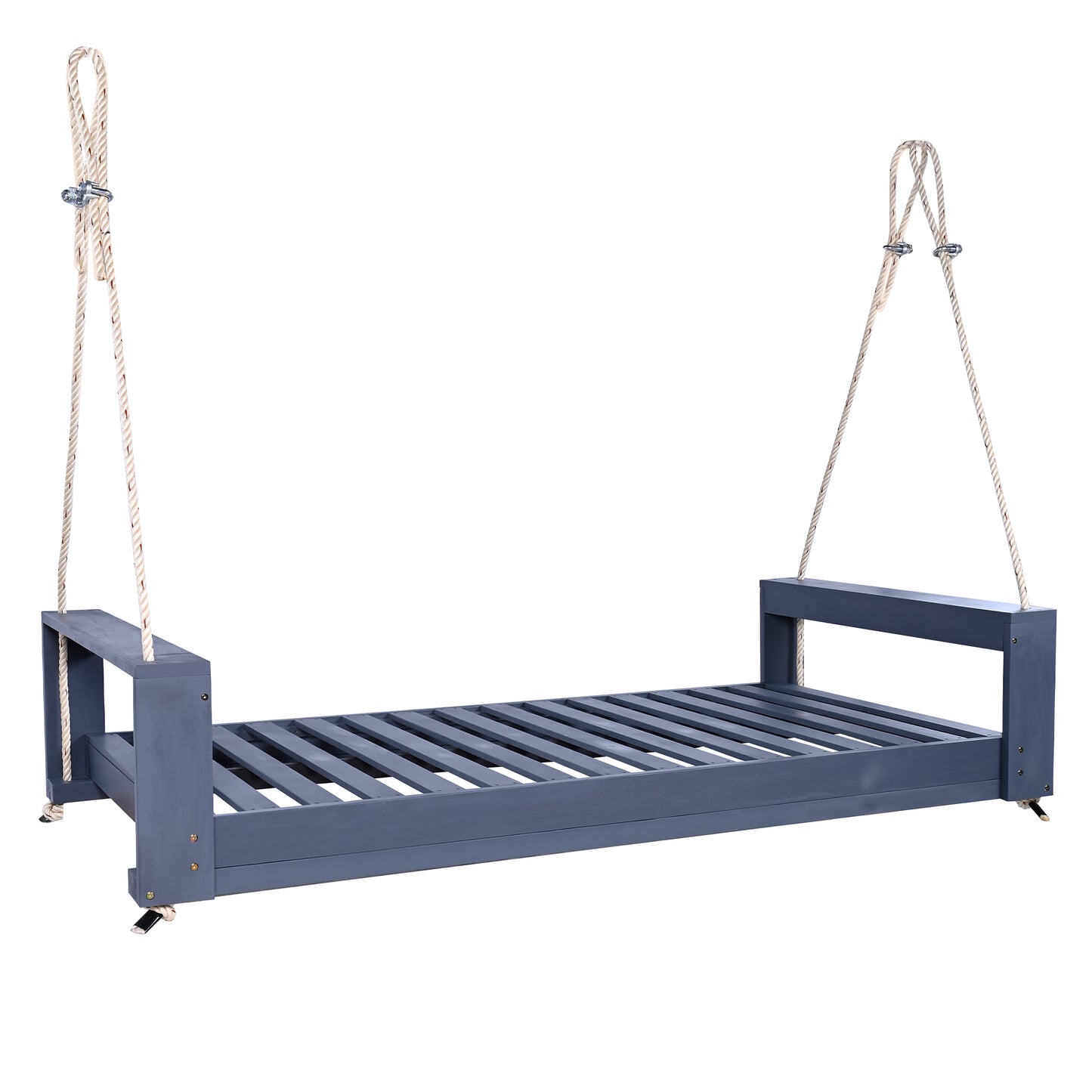TOPMAX Twin Size Porch Swing Bed Seating Group, Patio Acacia Wood Swing Frame with Hemp Ropes for Garden, Backyard, Gray