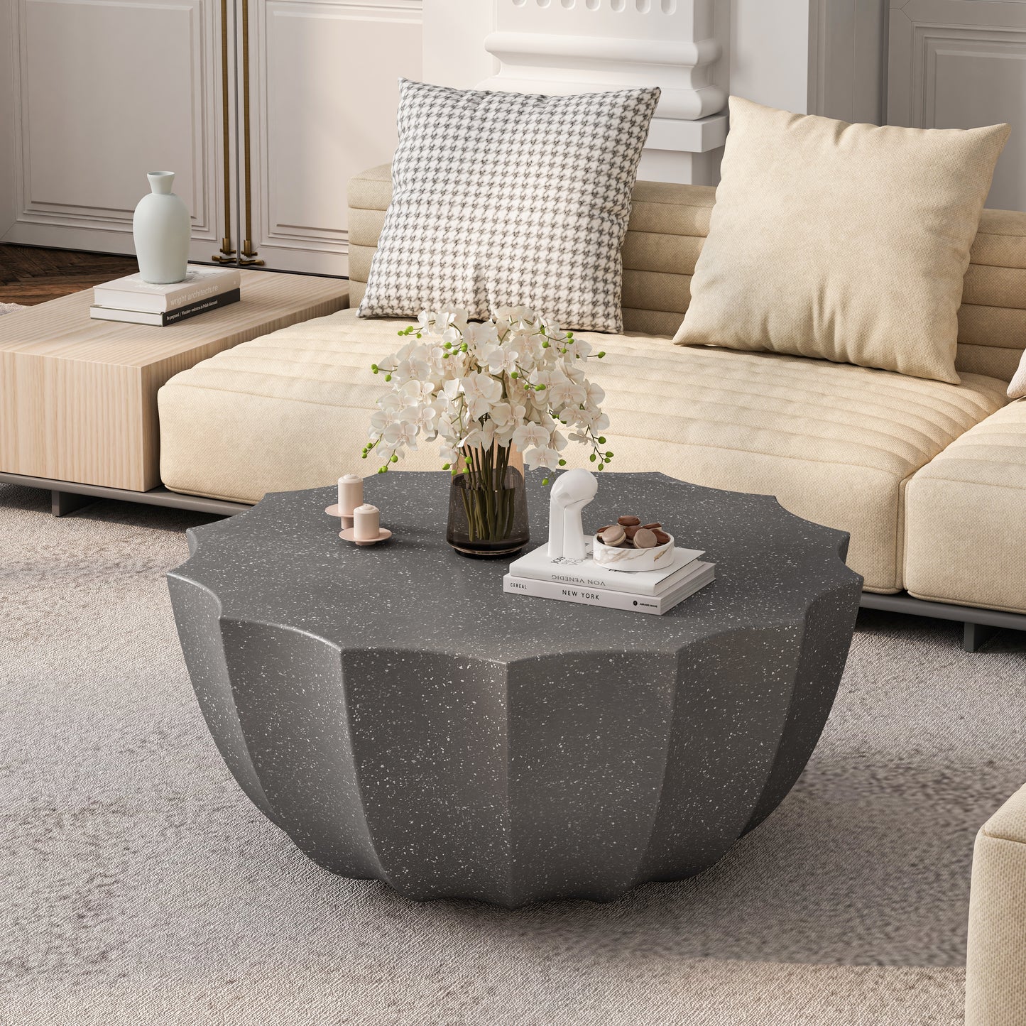 35.43" Modern Outdoor and Indoor Waterproof Coffee Table, Durable MgO Cement Design, Suitable for Terraces, Gardens, Backyards and Living Rooms ( Grey)