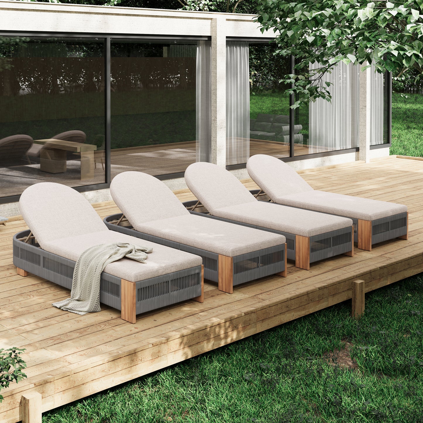 Outdoor Chaise Lounge Chair, Acacia wood Pool Chair with Adjustable Backrest and Cushion, Outdoor Lounge Chair for Beach, Yard, or Poolside (Grey rope)