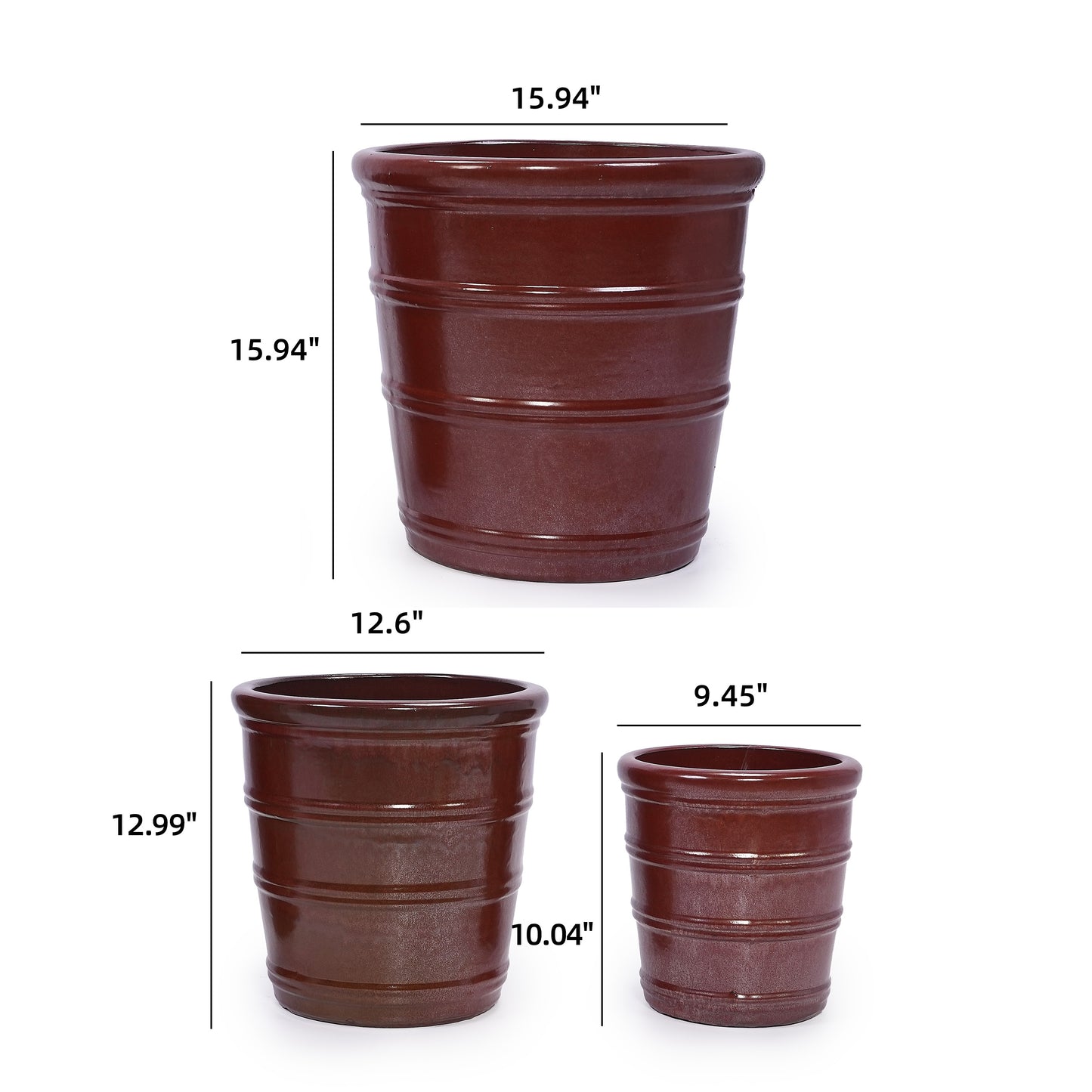 Handmade Glazed Ceramic Planter Set of 3, 16/13/10 Inch Diameter, Horizontal Rib Design, for Monstera and Fiddle Leaf Fig Outdoor Garden & Indoor Staircase Use, Breathable Clay, Deep Reddish-Brown