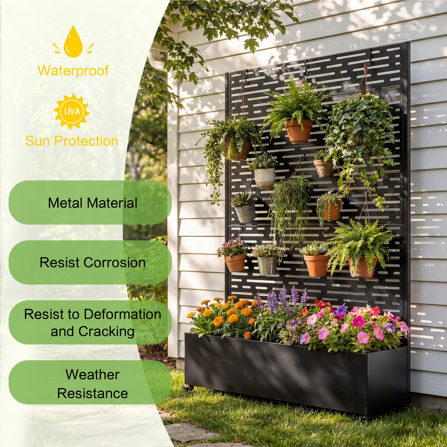 Metal Raised Garden Bed with Wheels and Trellis,73"x47"x16" Planter Box for Climbing Plants, Vegetables & Vines, Features Privacy Screen and Drainage Holes