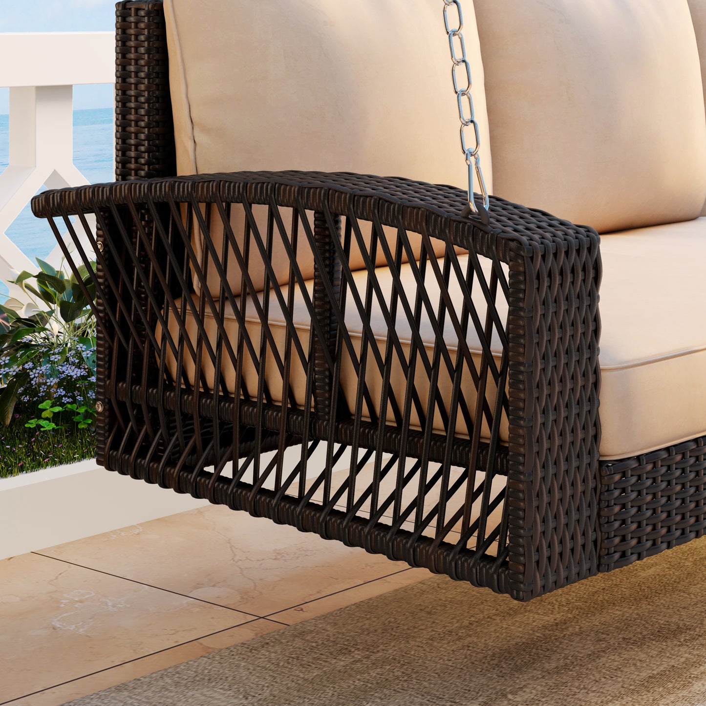GO 69" PE Wicker 3-Person Porch Swing with Chains, Large Patio Swing Bench with Cushions for Backyard, Garden, and Poolside, Brown