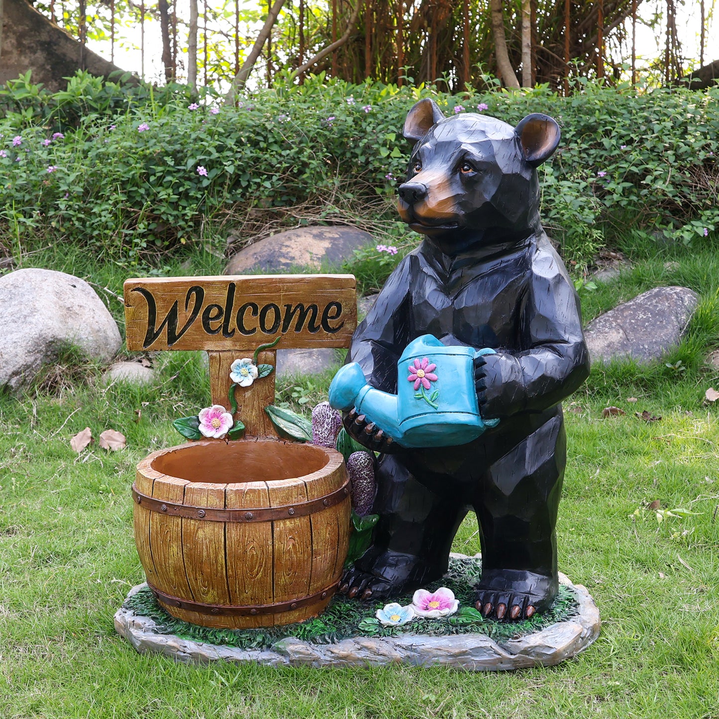 Outdoor Garden Sculpture Bear Flower Pot Planter - Unique Yard Statue Decoration, Interesting Law Outdoor Ornament