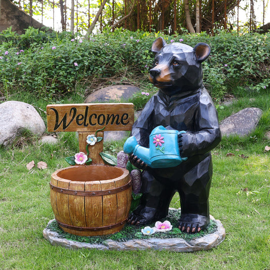 Outdoor Garden Sculpture Bear Flower Pot Planter - Unique Yard Statue Decoration, Interesting Law Outdoor Ornament