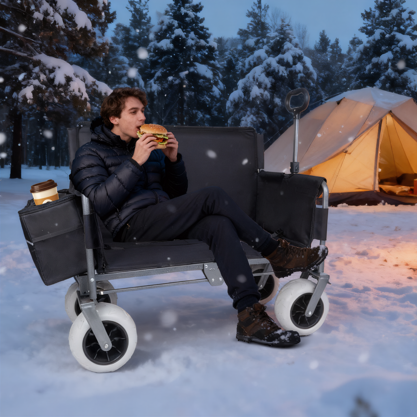 Folding Wagon with Bench Seat & 500 lbs Capacity patent protection -3-in-1 Collapsible Utility Cart with All-Terrain Beach Tires for Camping, Includes 1 ice pack, Beach, Groceries, Outdoor, Black