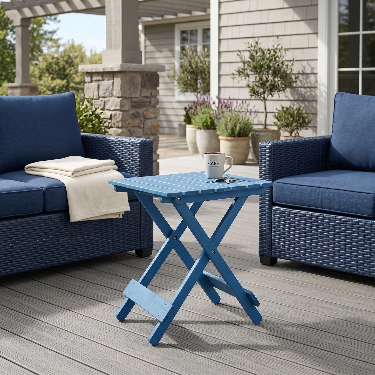 Folding Square Table Patio Outdoor solid wood Table for Backyard, Balcony, Portable Design Space-Saving Blue Color