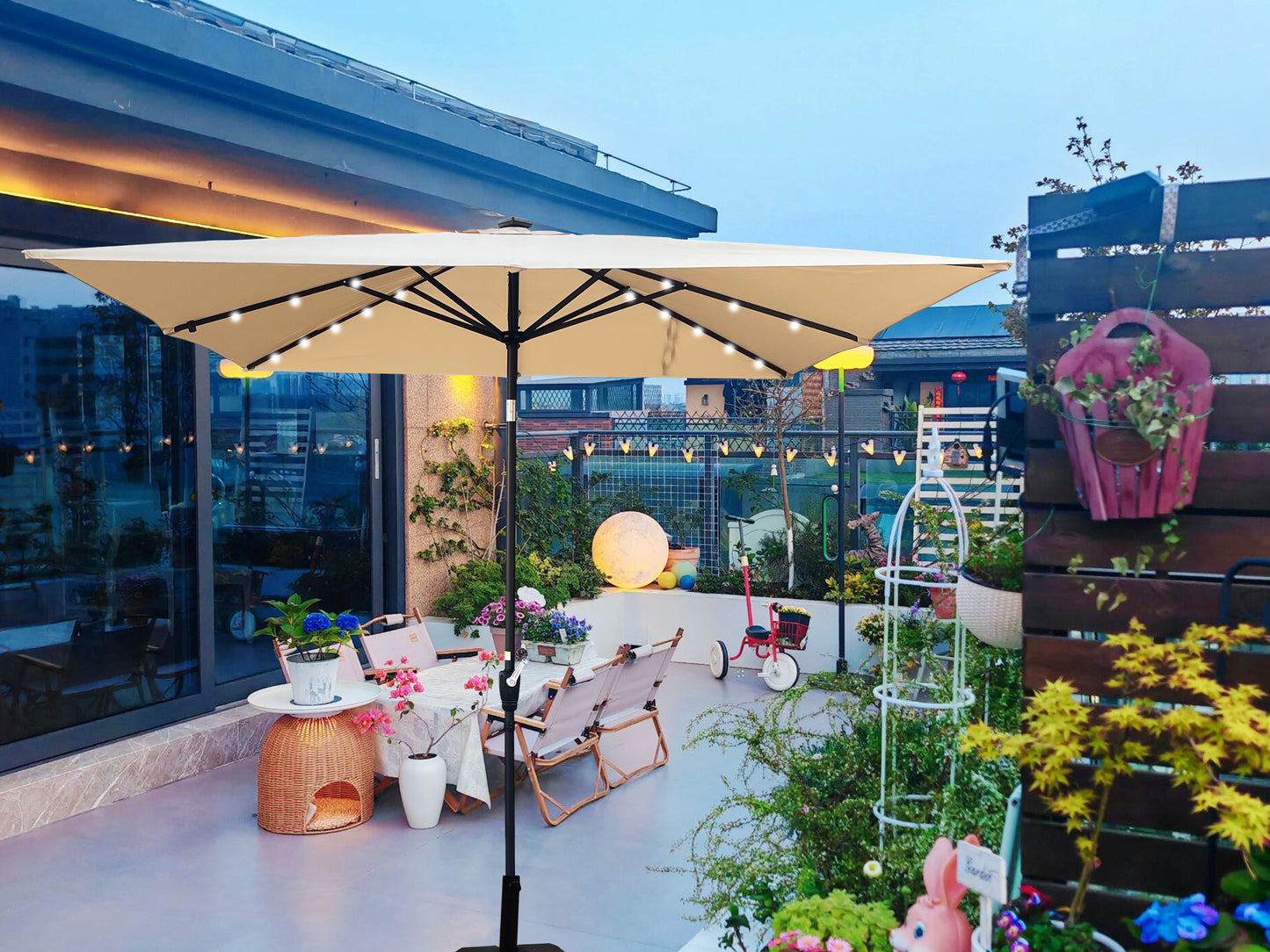 Square 2.5X2.5M Outdoor Patio Umbrella Solar Powered LED Lighted Sun Shade Market Waterproof 8 Ribs Umbrella with Crank and Cross Base for Garden Deck Backyard Pool Shade Outside Deck Swimming Pool