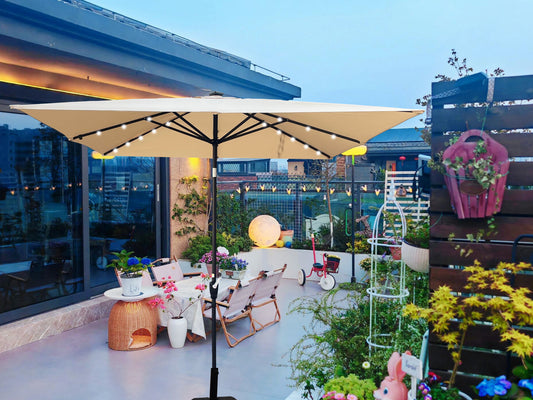 Square 2.5X2.5M Outdoor Patio Umbrella Solar Powered LED Lighted Sun Shade Market Waterproof 8 Ribs Umbrella with Crank and Cross Base for Garden Deck Backyard Pool Shade Outside Deck Swimming Pool