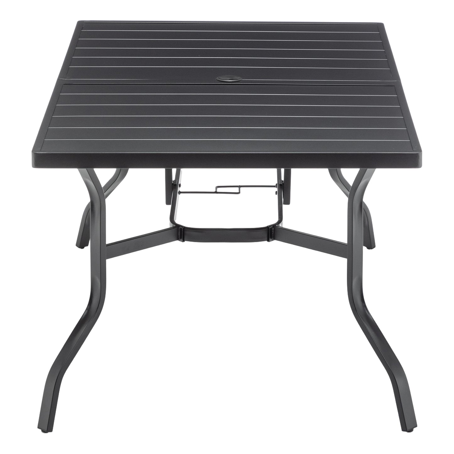Outdoor Dining Table for 6, Powder-Coated Steel Slat Top with 2.16" Umbrella Hole, Anti-Slip Pads, E-Coating Frame, All-Weather Black Patio Table for Garden, Poolside, Backyard