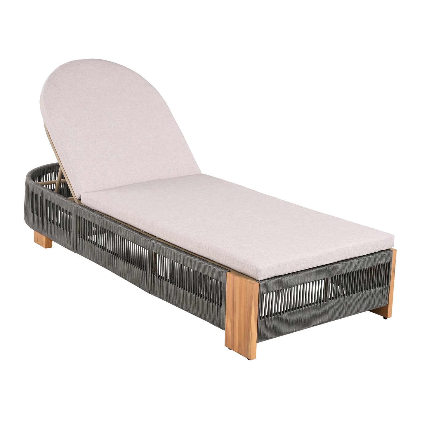Outdoor Chaise Lounge Chair, Acacia wood Pool Chair with Adjustable Backrest and Cushion, Outdoor Lounge Chair for Beach, Yard, or Poolside (Grey rope)
