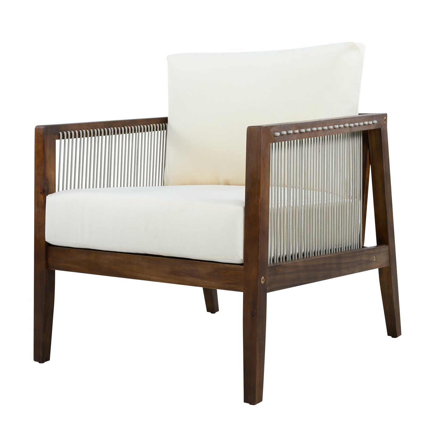 Outdoor Club Chair, Acacia Wood Frame with Rope Back, Water-Repellent Beige Cushions for Patio/Backyard/Deck, Dark Brown