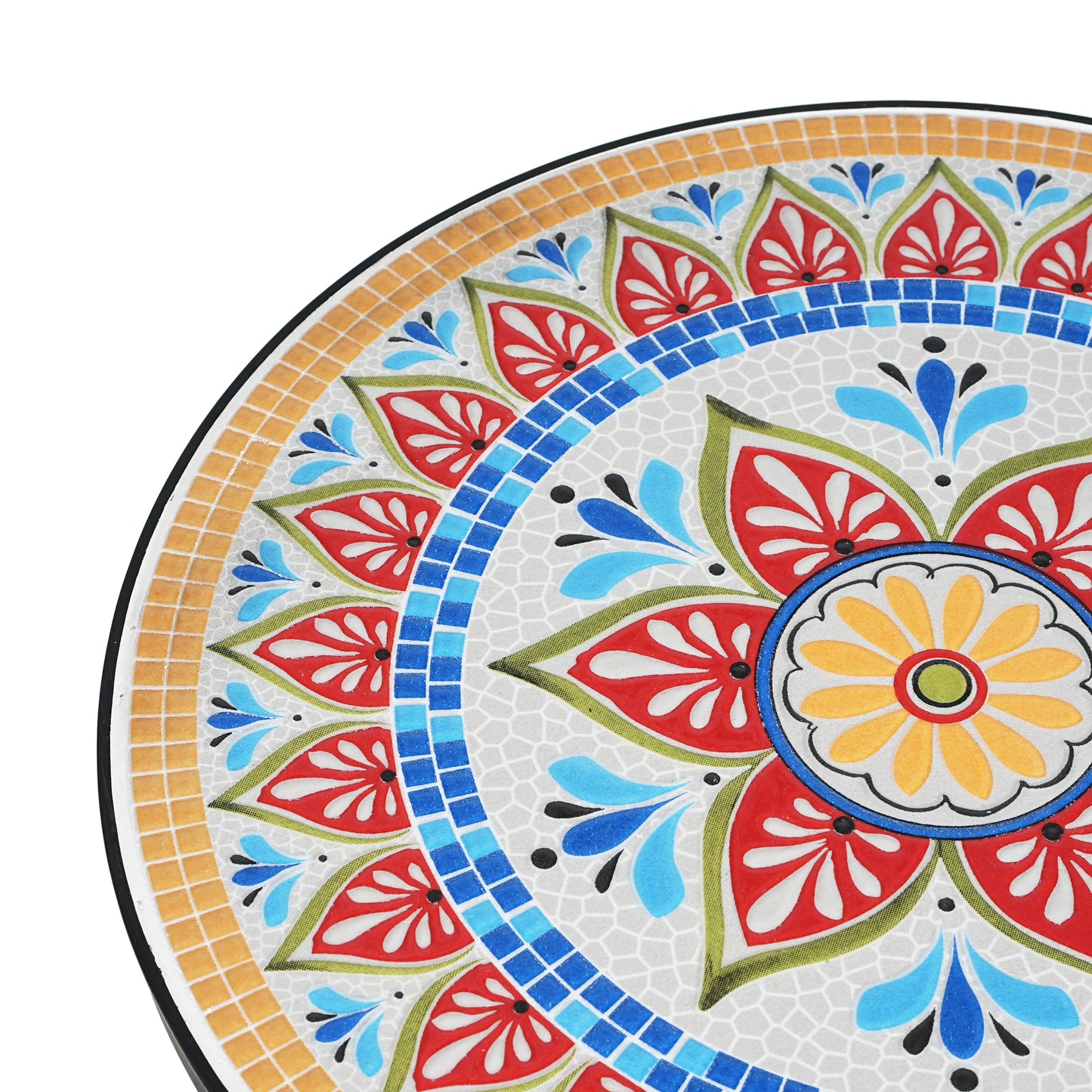 Outdoor Round Side Table with Mosaic-Style Top and Curved Iron Legs, Red and Matte Black