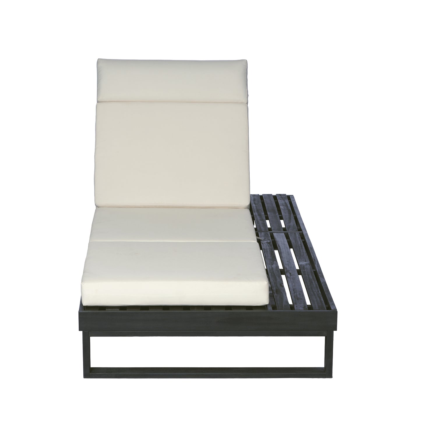Black Acacia Wood Chaise Lounge with 4-Inch Beige 4-Fold Cushion Set, Adjustable Outdoor Patio Lounger with Flat Side Surface, for Poolside- Matching cream,dark gray version available