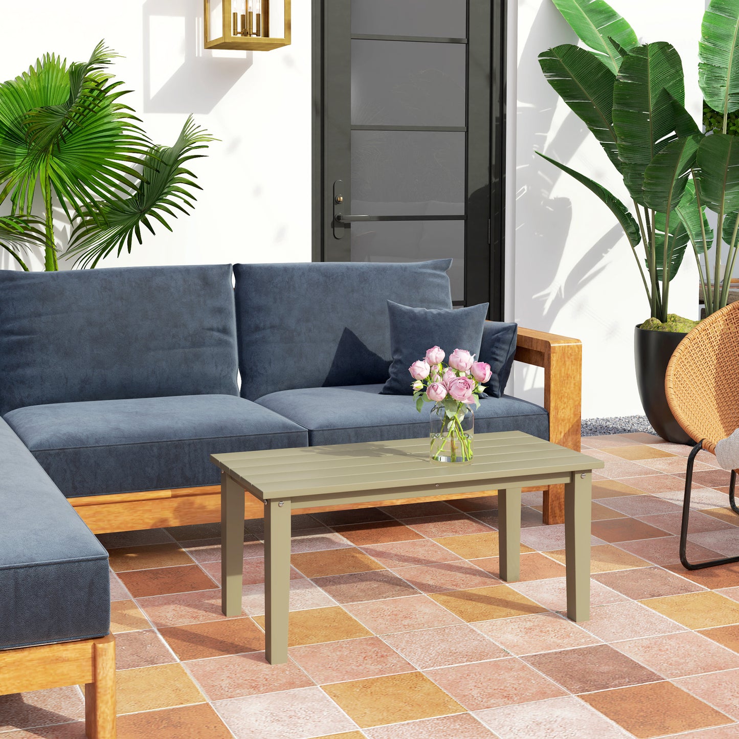 Outsunny HDPE Outdoor Coffee Table, Rectangle All-Weather Patio Coffee Table, Slatted Outdoor Patio Table for Garden, Balcony, Backyard, Brown