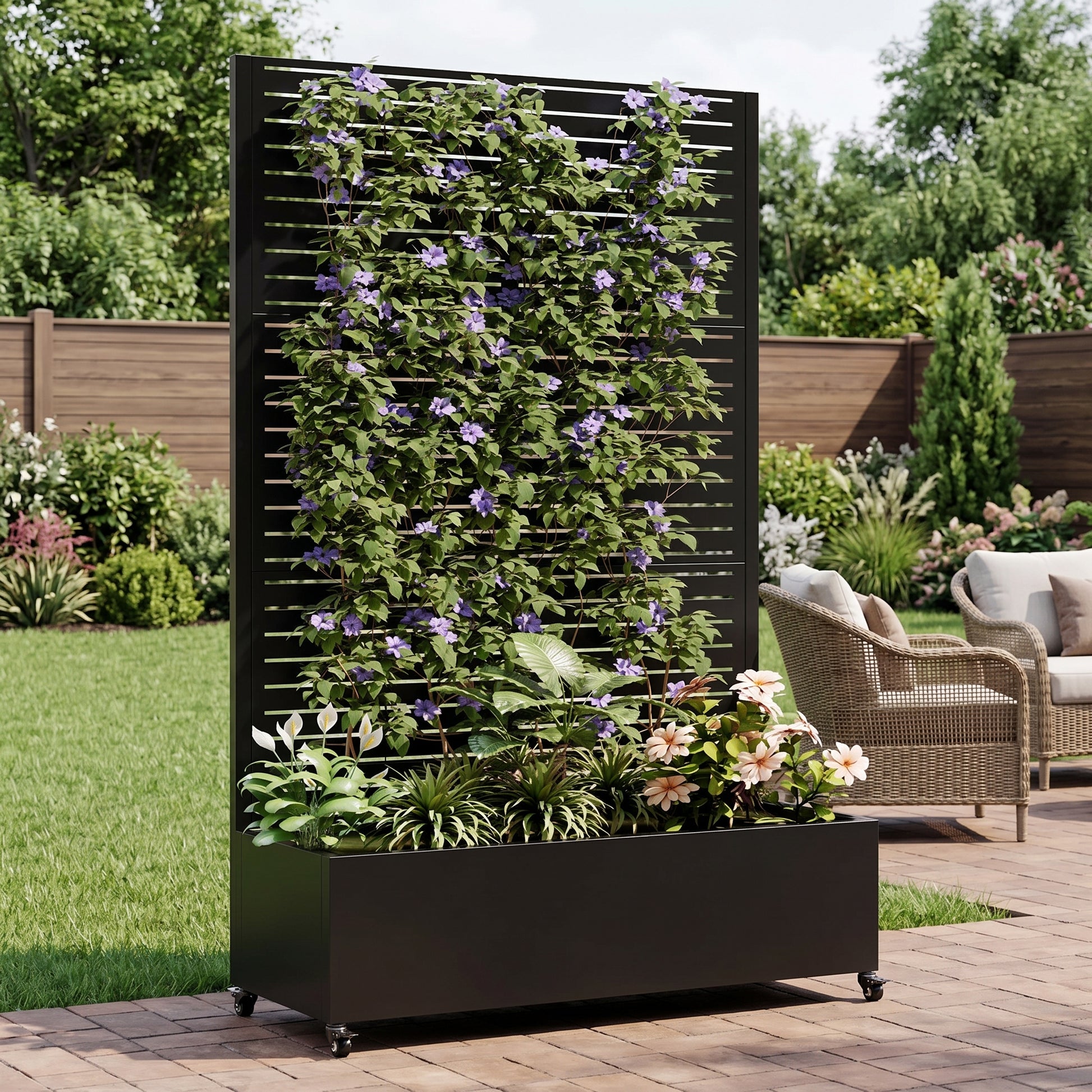 Metal Planter Box with Trellis,  73"x47"x16" Metal Raised Garden Bed with Trellis, Metal Planter Box with Drainage Holes & Lockable Wheels & Privacy Screen for Climbing Plants, Vegetables, Vines