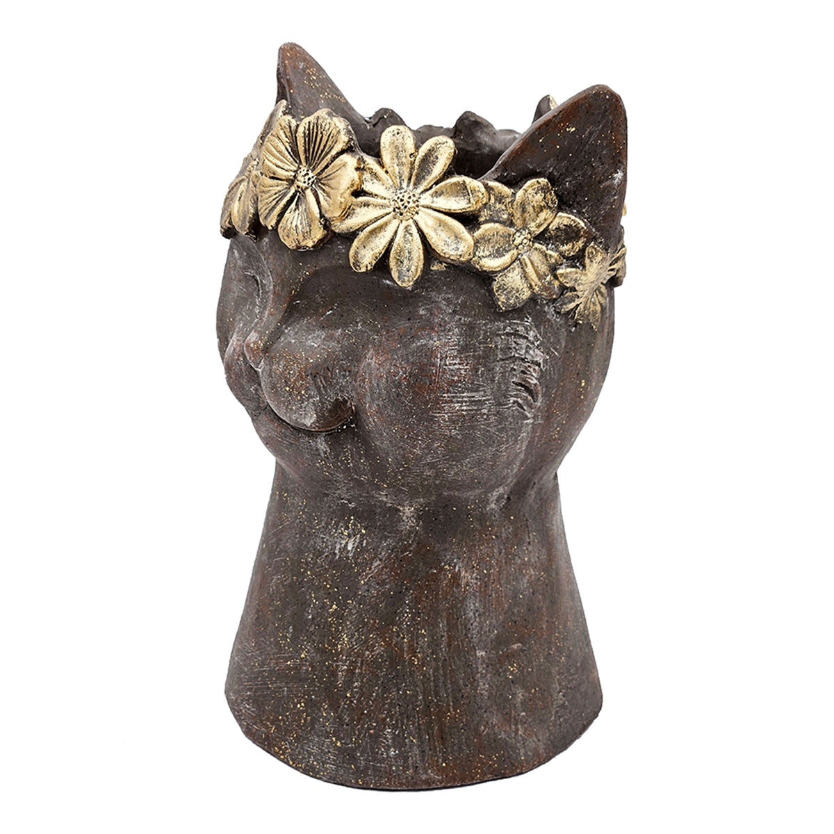 8.5x7.7x12.4" Magnesium Cat Statue Planter with Textured Brown Finish and Gold Leaf Crown