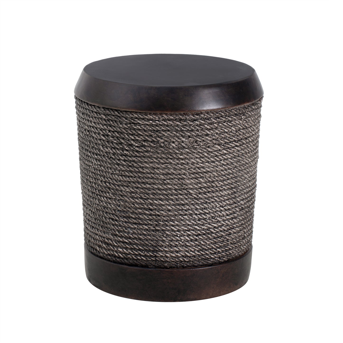 Outdoor Dark Brown Simulated Braided Cord MGO Side Table with Vintage Trim – Indoor Retro Cylindrical End Table for Home & Patio Decor