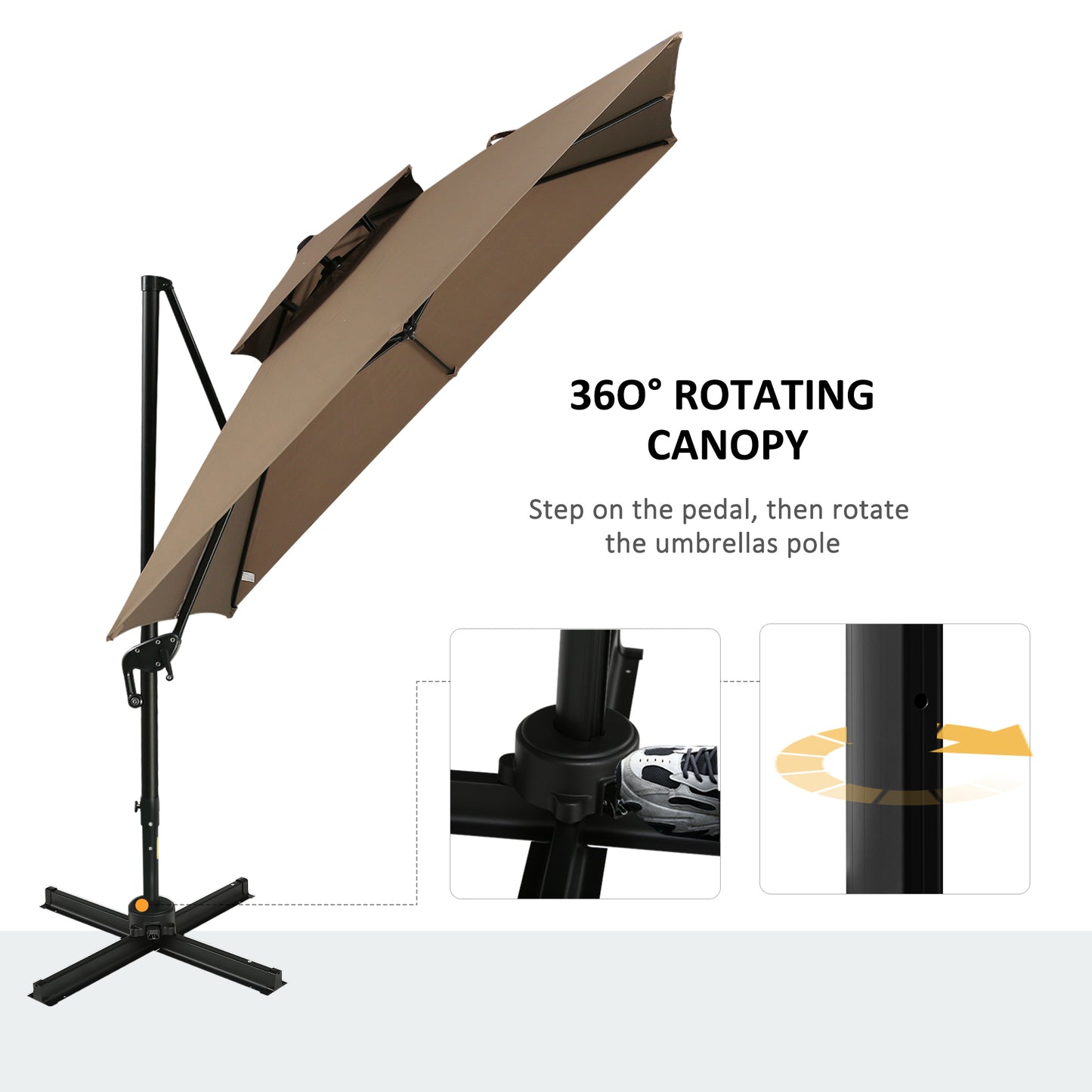 Outsunny 10ft Offset Patio Umbrella with Base, Double Top Hanging Aluminum Cantilever Umbrella with 360-degree Rotation, Easy Tilt, 8 Ribs, Crank, Cross Base, Cover, Strap, Coffee